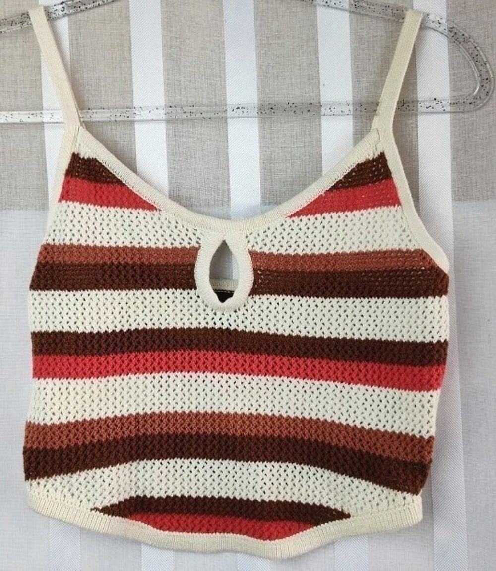 American Eagle Wmns Sz Sm Crochet Knit Key Hole Striped Tank Top Cream Coral